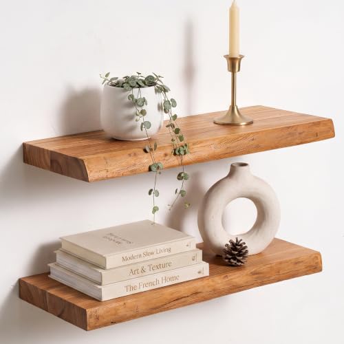 Image of Live Edge Elm Floating Shelves - 20 In Rustic Solid Wood Shelves with Heavy-Duty Invisible Bracket, Wall-Mounted Wooden Shelf for Living Room, Bathroom, Kitchen Storage & Display, Set of 2, Natural