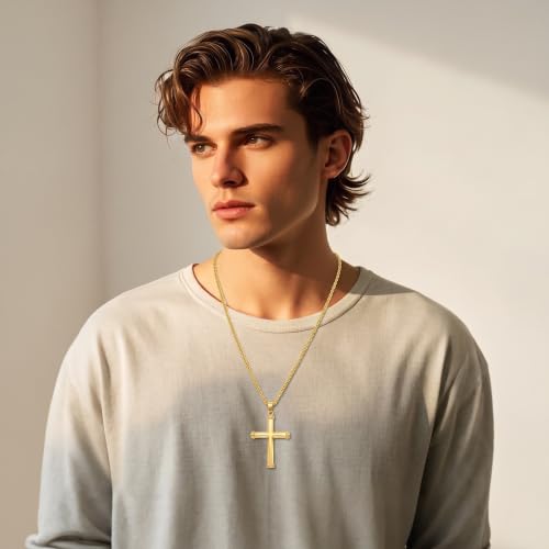 Image of Midari Gold Cross Necklace for Men 18K Gold Cross Pendant Minimalist Faith Necklace Christian Pendant Religious Gift