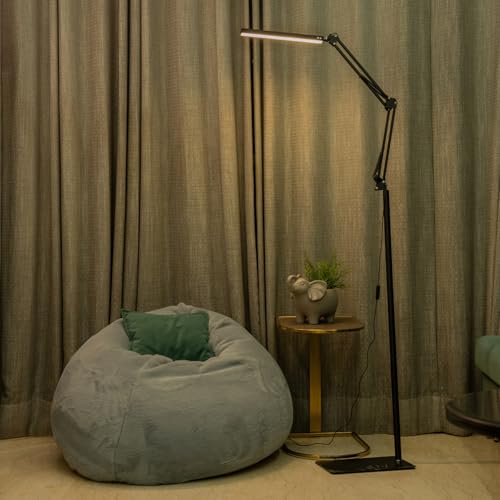 Image of NYRWANA Adjustable LED Floor Lamp for Living Room | Swing Arm Desk Light with Stable Metal Base | 3-Level Color Control LED | Eye-Care Work Lamp for Home, Office, Craft & Study (Black)