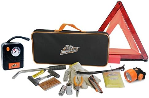 Armor All Roadside Emergency Kit – Flat Tire Repair Plugs/Patch – Reflective Safety Triangle, Tire Iron, Sockets, Air Compressor