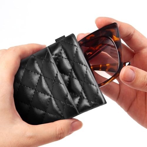 Image of Double Eyeglass Case Squeeze Top Glasses Pouch, Leather Soft Sunglasses Case with Carrying Strap