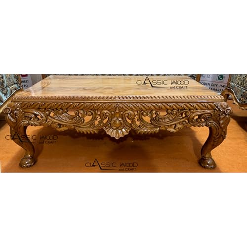 Image of CLASSIC WOOD & CRAFT Luxury Wooden Sofa Set with Center Table | Hand-Carved Solid Teak Wood Sofa Set with Upholstery | Royal Living Room Furniture for Home (Ligh Green Walnut 6 Seater)