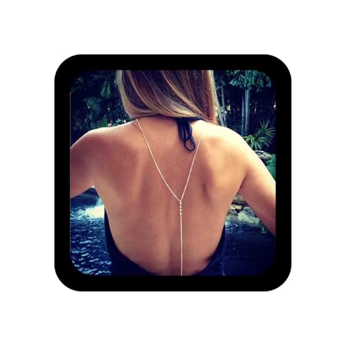Allereya Fondo de cristal Y Collar Rhinestones Back Collar Gold Long Back Chain Necklace Summer Body Chain Accesorios de joyería para mujeres y niñas (Oro)