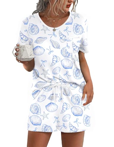 Image of Ekouaer Pajama Set for Women 2 Piece Lounge Set Short Sleeve Tops and Shorts Soft Sleepwear, Chest Pocket