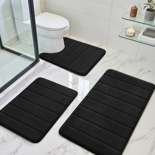 BYSURE 3 Piece Black Memory Foam Bath Mat