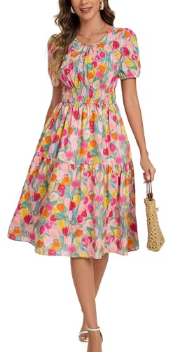 Image of Kormei Women Summer Casual Boho Floral Round Neck Short Sleeve Smocked Waist Tiered Flowy Swing Midi Dress M Pink Floral