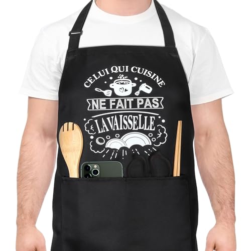 Halinuia Tablier de Cuisine pour Homme, Tabliers de Cuisine Étanche Réglable Tablier Barbecue avec Poches Idée Cadeau Fête des pères CELUI QUI CUISNE NE...