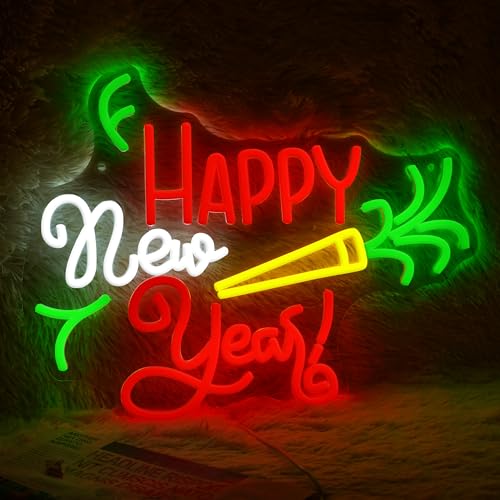Image of GNVETZLL Happy New Year Neon Sign for Wall Decor Dimmable Colorful New Year LED Light Sign for Bar Party Celebrate New Year Christmas Decoration(15.75 * 12.6In)