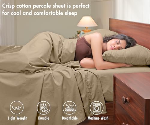 Image of RUVANTI 100% Cotton Percale Sheets Twin XL - Crisp Cooling Summer Bed Sheets for Hot Sleepers, Deep Pocket 14 inch, Soft Peach Finish, Breathable & Durable Hotel-Style 3 Piece Set, Olive Taupe