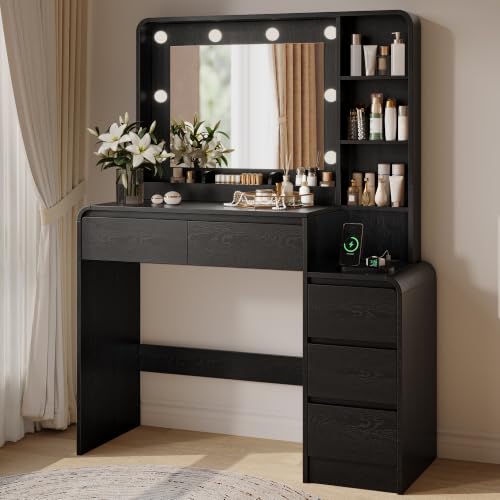 Image of 39.3 inch Makeup Vanity Desk with Charging Station, Black Makeup Dressing Table with Mirror & Lights, 3 Lighting Modes Adjustable Brightness, Vanity Table with Power Outlet & 5 Drawers Curved Design
