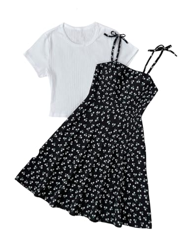 SHENHE Girl's Floral Tie Shoulder Dress Flowy Boho Short Sundress with Short Sleeve Knit Tee