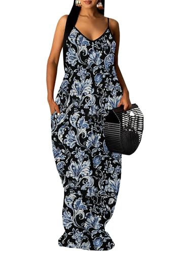 Image of Women Spaghetti Strap Maxi Dress with Pockets | Soft fabric relaxed fit sleeveless v neck with pockets for party and daily wear