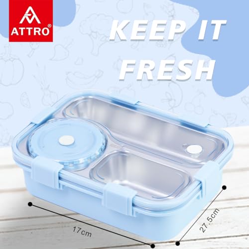 Image of ATTRO Lunch Pro Deluxe 3 Lunch Box with Detachable Inner Steel Compartments, Spoon, one Small Container, Heating Water Insulation Design, Foodgrade, Leakproof-750ml Blue