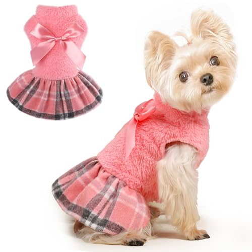 Image of Dog Sweater Dog Winter Clothes for Small Dogs Boy Girl Fall Puppy Dress Warm Fleece Chihuahua Yorkie Teacup Doggy Sweaters Dresses Doggie Sweater for Small Dogs Girl Cat Sweaters, Plaid Pink, XXS