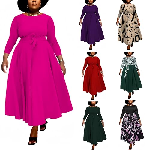 Image of Hostoyo Women Plus Size Formal A Line Maxi Dress Self Tie Waist with Pockets Elegant Round Neck Swing Long Dresses