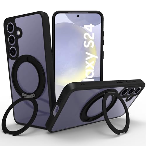 Image of RIGGEAR Shockproof Sleek Hybrid Armor 360 Rotating Magnetic Ring Stand Back Cover Case Compatible with MagSafe Accessories for Samsung Galaxy S24 (Clear PC + Black TPU Bumper)