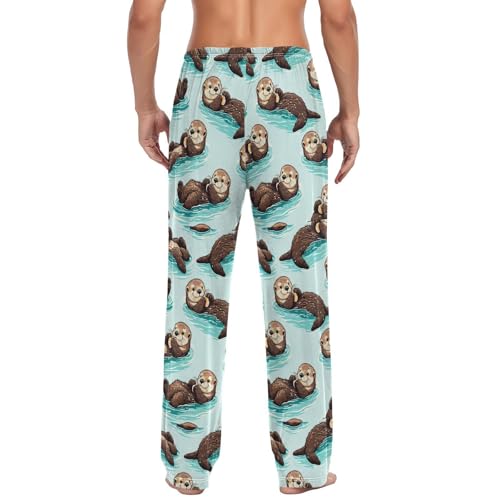 Men’s Cute Sea Otters Pajama Pants with Pockets, Comfortable Lounge Sleep Bottoms#3552