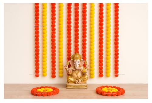 Image of SPHINX Artificial Fluffy Marigold Flower Garlands for Diwali,Pooja,Ganesh Chaturthi,Wedding,Festival, Housewarming,Mandir,Door,Wall,Home Decor,Trousseau,Gift Wrap (3 Yellow + 3 Orange. 6 Pieces)