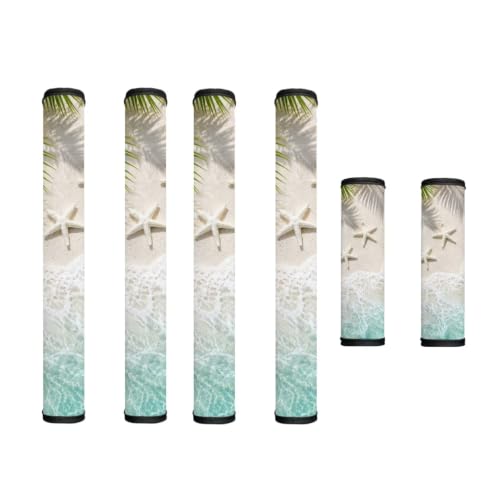 Image of Fridge Door Handle Covers Set of 6 Kitchen Appliance Decor Handles Glove Anti-Slip Protectors Washable Fabric Refrigerator Decor Accessories, Starfish Palm Leaf Beach Pattern