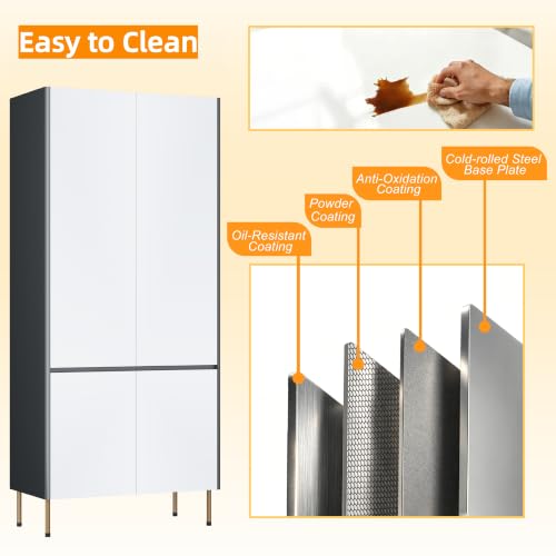 Image of 71 inch Metal Storage Cabinet with Doors, Tall Pantry Cabinet,Gray | 4 Magnetic Doors, Adjustable Shelves, Freestanding Storage Cabinets for Kitchen, Living Room, Bathroom, Office,Dining