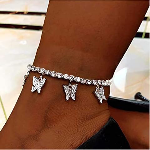 Bramian Butterfly Anklets Silver Beach Foot Jewelry Tennis Chain Bling Rhinestone Adjustable Ankle Bracelets for Women and Girls Cover