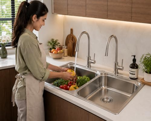 Image of Stainless Steel Kitchen Sink 45x20 Inch | Double Bowl Kitchen Sink | With Stainless Steel Waste Coupling & PVC Pipe | Heavy Gauge & Corrosion Resistant