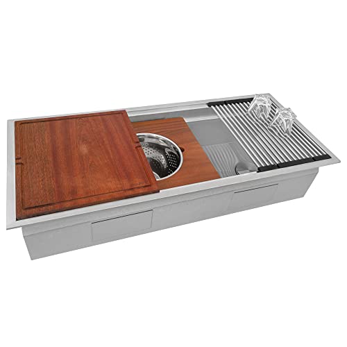 Image of Ruvati 45-inch Drop-in Workstation Kitchen Sink - 16 Gauge Topmount Stainless Steel Kitchen SInk with Two-Tiered Ledges & Accessories - RVH8433