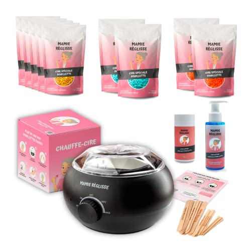 Kit Épilation Spécial Douillette MAMIE RÉGLISSE - 1 Chauffe-cire - 9 sachets de Cire Épilation Spéciale Douillette - 20 Spatules en Bois - 1 Gel Rafraîchissant - 1 Talc Cover