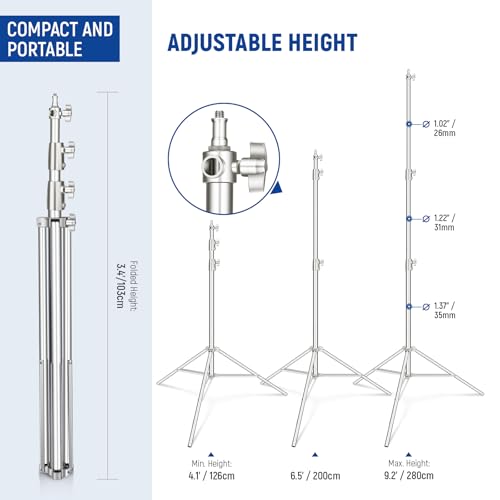 Image of NEEWER 2Pcs 9.2ft Stainless Steel Light Stands, Spring Cushioned Heavy Duty Photography Tripod Stand with 1 /4 inch-3 /8 inch Adapter for Strobe Video Ring Light Monolight Softbox, 22lb Max Load, ST-280SS