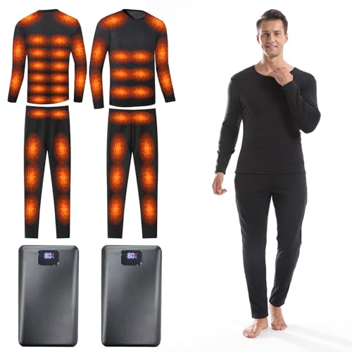 Heated Thermals Underwear Set for Men with 2 Quickly-Charging Batteries, Heated long Johns Shirts and Pants (Black, L)