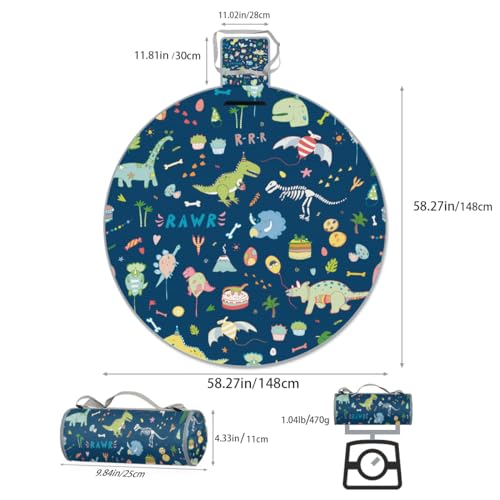 Shimoshe Animal Dinosau Picnic Outdoor Blanket Foldable Waterproof Sandproof Beach Blanket Portable Water-Resistant Round Picnic Mat for Travel Camping Park Lawn
