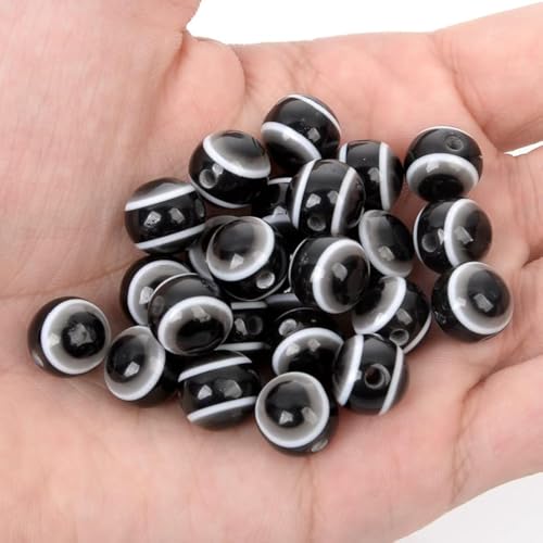 200pcs Sphere Round Evil Eye Beads Handmade Resin Lampwork Beads 8mm Charms Spacer Bead with Elastic Rope for Bracelets Necklace Jewelry Craft Making (Sphere Round-Black)