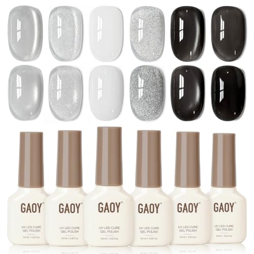 GAOY Black and White Gel Nail Polish Set 6 Colors, Cat Eye Gel with Magnet