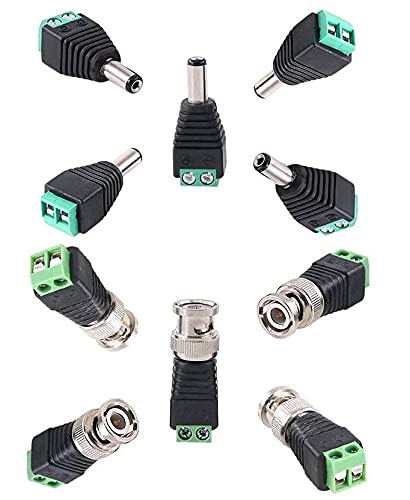 TAAPSEE 10 Pcs (5 Pcs x DC Male + 5 Pcs x BNC Male) 5.5mm x 2.1mm Male DC Power Connector, BNC Male Balun Connector for Led Strip CCTV Security Camera Cable Wire Adapter Plug Barrel