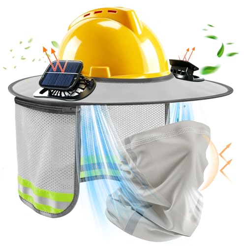 Hard Hat Sun Shade Hard Hat Visor Full Brim with Solar Fan High Visibility Mesh Hardhat Sun Shield with Neck Gaiter Reflective Strip for Construction Workers Outdoor Summer Protection (Light Grey)