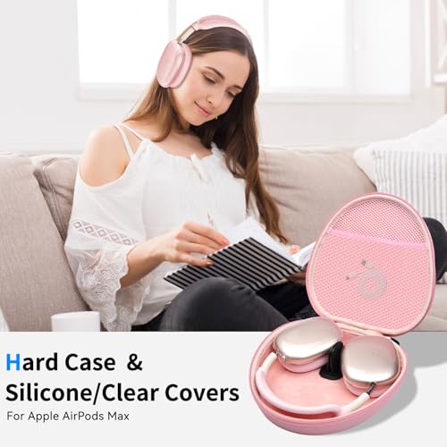 Image of Hard Case for AirPods Max 2 Supports Sleep Mode, Travel Carrying Headphone Case with AirPods Max 2 /1 Clear Ear Cups Cover /Silicone Earpad Case /Headband Cover, Protective Portable Storage Bag, Pink