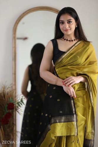 Image of ZECVA Women's Pure Soft Spun Cotton Lichi Silk Saree For Women With Attach Unstitch Blouse Piece