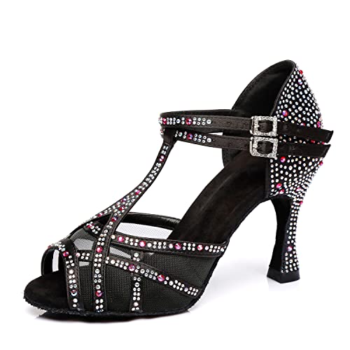 Chaussures de danse latino-américaines strassées avec bride T stable