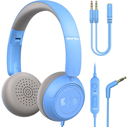 New bee Casque Audio Enfant, Ecouteurs Enfants Filaire avec Micro, pour Apprentissage Casque Bandeau Réglable/Pliable, Volume Limité 85dB 94dB pour Garçon Fille Enfants Adolescent (Bleu)