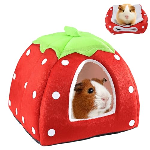 Kuschelsack Meerschweinchen Höhle Waschbar Kaninchen Kuschelhöhle Kuschelig Winter Gemütliches Kleintierbetten für Zwergkaninchen (Erdbeeren)