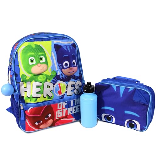 PJ MASKS Set di 4 zaini per bambini e bambine prescolari, con gattoboy, geco e gufetta, 40,6 cm, con tasca frontale con cerniera, blu