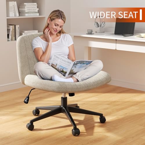 Image of Criss Cross Chair with Wheels, Cross Legged Office Chair, Armless Office Chairs Adjustable Height Swivel Tilting Fabric Vanity Chairs for Home Bedroom (Beige)