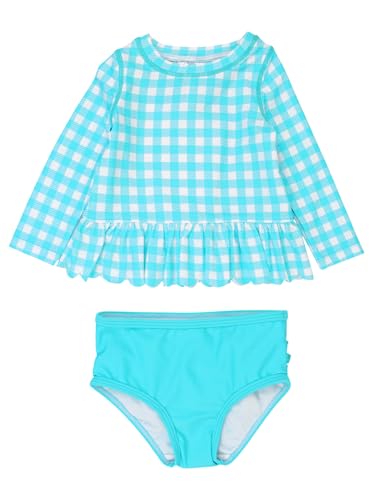 Image of RuffleButts Baby /Toddler Girls Scalloped Long Sleeve Rash Guard 2-Piece UPF50+ Sun Protected Swimsuit