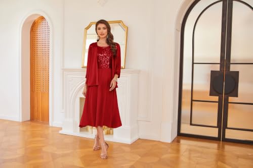 Image of GRACE KARIN Formal Wedding Guest Dress Sequin Mother of The Bride Dresses | Two Piece,3 /4 Sleeve,Tea Length,Crew Neck,Fit and Flare,Chiffon,Suitable for Spring /Summer /Fall /Winter /Cocktail /Party /Prom
