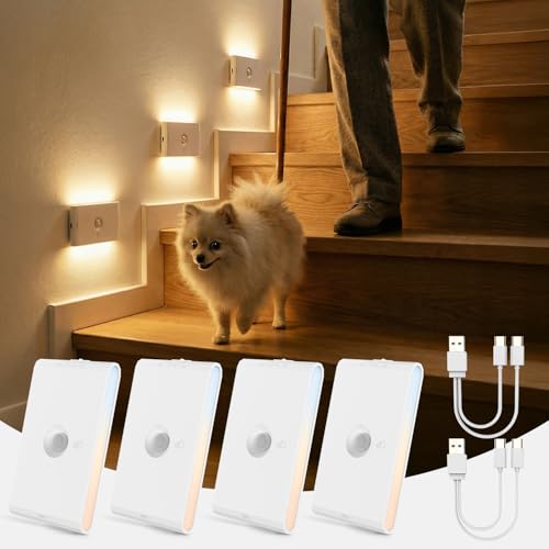 Veilleuse Detecteur de Mouvement & Capteur de Crépuscule, Lampe Rechargeable USB 3 Mode AUTO ON/OFF, Lumiere LED Interieur Réglable 3 Températures de Couleur pour Couloir, Escalier, Chambre, Lot de 4