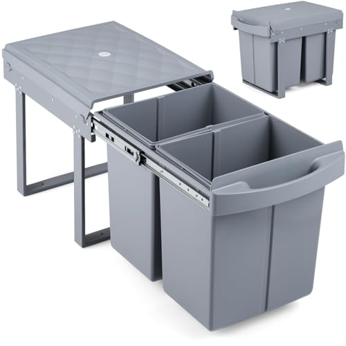 Image of TANGZON 40L Kitchen Pull Out Bin, 2x20L Under Sink Bin with 2 Removable Compartments & Sliding Buffer, Recycling Waste Bins for Cupboard Cabinets 35cm or Wider