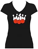 Fun Shirt Premium Bowling Damen Bowlingshirt Glitzeraufdruck Bowlingkugel und Kegel. T-Shirt. Grösse XL. Druck weiß ohne Glitzer