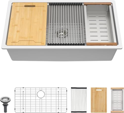 Lordear 30 Inch White Granite Composite Kitchen Sink Undermount 30x19 Inch Single Bowl Workstation Quaitz Kitchen Sinks Under Counter 30x19x10 Inch
