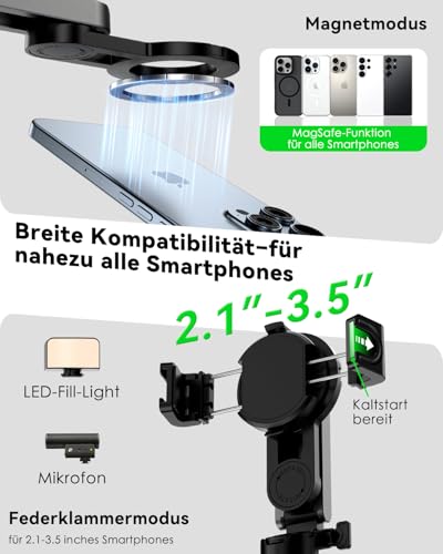 CloudValley Magnetisches 4-in-1 Multifunktionales Selfie-Stick-Stativ, Mini Tragbarer Taschen-Handy-Ständer mit abnehmbarer Fernbedienung, kompatibel mit MagSafe, für iPhone/Android, Reise-Vlog