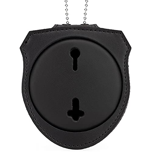 TYTX Leather Sheriff Badge Holder Police Badge Belt Clip Holder 2.7 with Universal Round Neck Stainless Steel Chain and Concealed Photo Pocket (Badge Not Included)